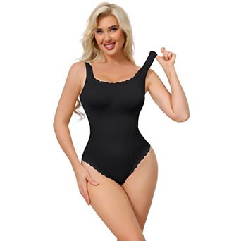 Women's Lace Trim Bodysuits Square Neck Tummy Control Tank Tops Leotard Ribbed Thong Bodyshaper