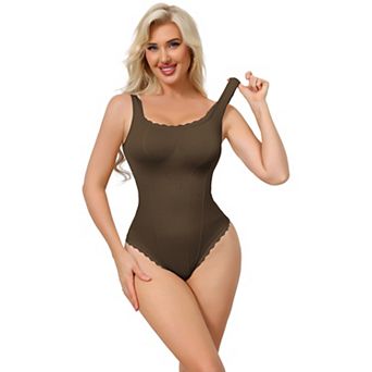 Women's Lace Trim Bodysuits Square Neck Tummy Control Tank Tops Leotard Ribbed Thong Bodyshaper