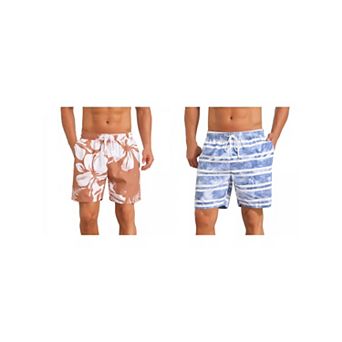 2 Packs Contrast Pattern Board Shorts for Men's Drawstring Bathing Summer Beach Shorts