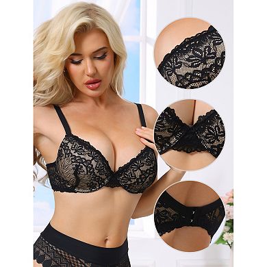 Women's Floral Lace Push Up Underwire Adjustable Straps Bras Full Coverage Padded Lingerie