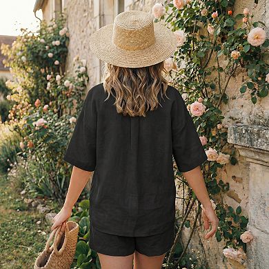 Jess by Meiko Women's Linen Collared Shirt Top and Shorts Summer Set