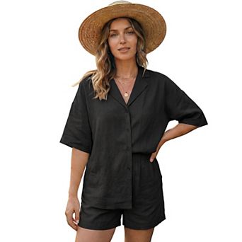 Jess by Meiko Women's Linen Collared Shirt Top and Shorts Summer Set
