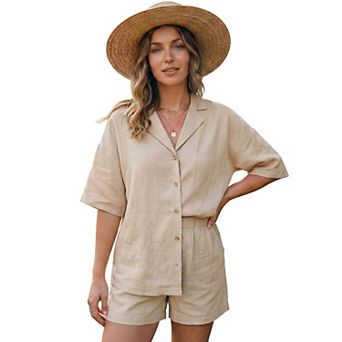 Jess by Meiko Women's Linen Collared Shirt Top and Shorts Summer Set