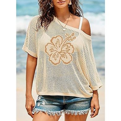 Floral Crochet Knit Top Short Sleeve Lightweight Pullover Cover-Up