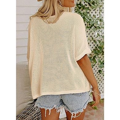 Floral Crochet Knit Top Short Sleeve Lightweight Pullover Cover-Up