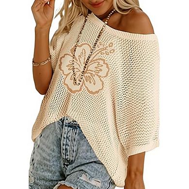 Floral Crochet Knit Top Short Sleeve Lightweight Pullover Cover-Up