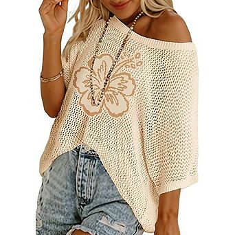 Floral Crochet Knit Top Short Sleeve Lightweight Pullover Cover-Up