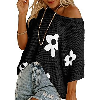 Floral Crochet Knit Top Short Sleeve Lightweight Pullover Cover-Up