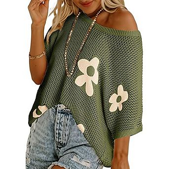 Floral Crochet Knit Top Short Sleeve Lightweight Pullover Cover-Up