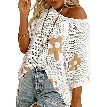 Floral Crochet Knit Top Short Sleeve Lightweight Pullover Cover-Up