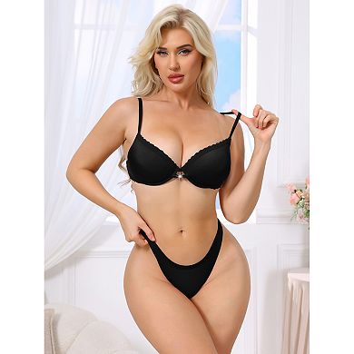 Women's Lace Trim Push Up Bra Plunge Underwire Bralette Cleavage Support Bras with Adjustable Straps