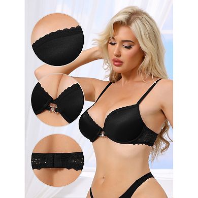 Women's Lace Trim Push Up Bra Plunge Underwire Bralette Cleavage Support Bras with Adjustable Straps
