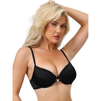 Women's Lace Trim Push Up Bra Plunge Underwire Bralette Cleavage Support Bras with Adjustable Straps