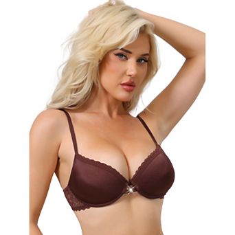 Women's Lace Trim Push Up Bra Plunge Underwire Bralette Cleavage Support Bras with Adjustable Straps