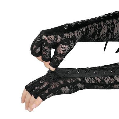 Women's Lace Up Half Finger Gloves Lace Elbow Length Arm Warmers
