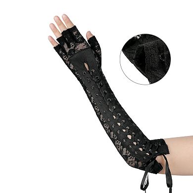 Women's Lace Up Half Finger Gloves Lace Elbow Length Arm Warmers