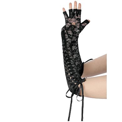 Women's Lace Up Half Finger Gloves Lace Elbow Length Arm Warmers