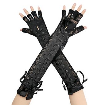Women's Lace Up Half Finger Gloves Lace Elbow Length Arm Warmers