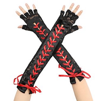 Women's Lace Up Half Finger Gloves Lace Elbow Length Arm Warmers