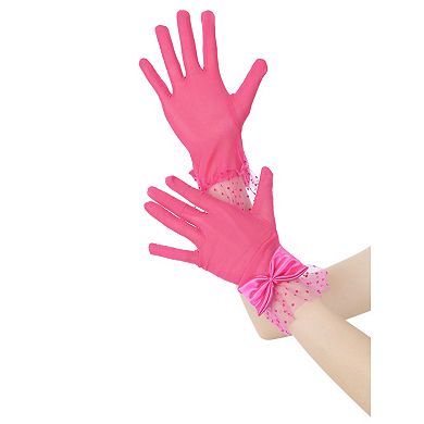 Women's Short Lace with Bow Polka Dots Mesh Gloves for Wedding Tea Party