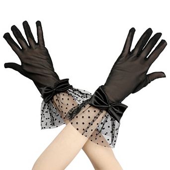 Women's Short Lace with Bow Polka Dots Mesh Gloves for Wedding Tea Party
