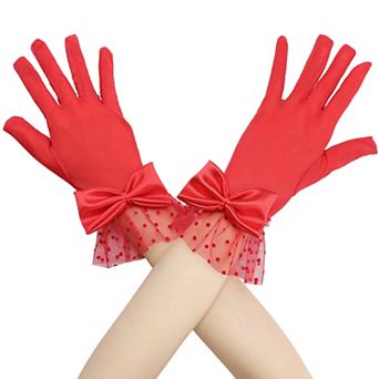 Women's Short Lace with Bow Polka Dots Mesh Gloves for Wedding Tea Party