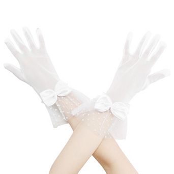 Women's Short Lace with Bow Polka Dots Mesh Gloves for Wedding Tea Party