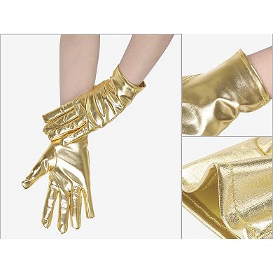 Women's Metallic Shiny Shimmer Full Finger Wrist Length Gloves for Party