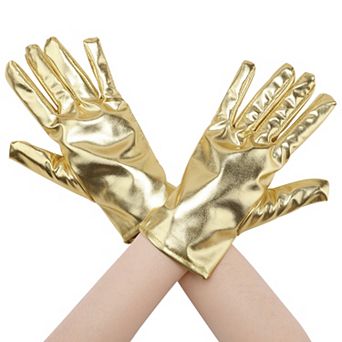 Women's Metallic Shiny Shimmer Full Finger Wrist Length Gloves for Party