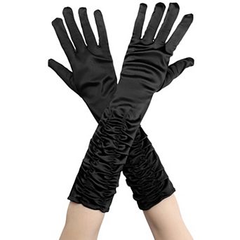 Women's Satin Shiny Opera Length Gloves Pleated Full Finger Glove Wedding Party
