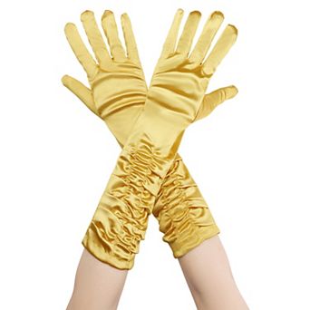 Women's Satin Shiny Opera Length Gloves Pleated Full Finger Glove Wedding Party