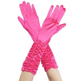 Women's Satin Shiny Opera Length Gloves Pleated Full Finger Glove Wedding Party