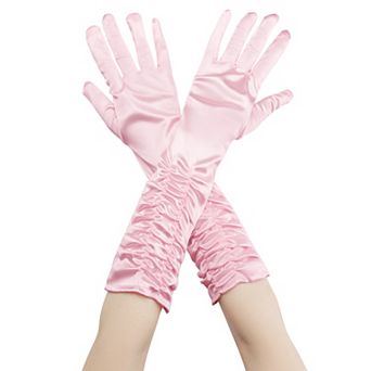 Women's Satin Shiny Opera Length Gloves Pleated Full Finger Glove Wedding Party