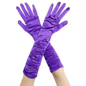 Women's Satin Shiny Opera Length Gloves Pleated Full Finger Glove Wedding Party