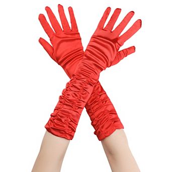 Women's Satin Shiny Opera Length Gloves Pleated Full Finger Glove Wedding Party