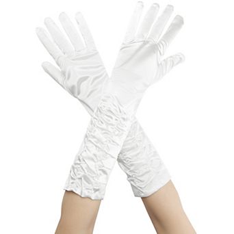 Women's Satin Shiny Opera Length Gloves Pleated Full Finger Glove Wedding Party