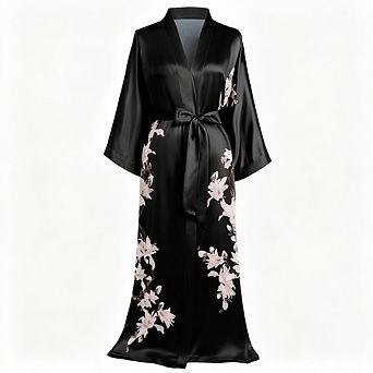 Long Floral Satin Kimono Robe Silky Bathrobe with Pockets Sash Tie for Women Daily Special Occasions