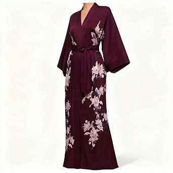 Long Floral Satin Kimono Robe Silky Bathrobe with Pockets Sash Tie for Women Daily Special Occasions