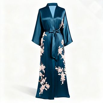 Long Floral Satin Kimono Robe Silky Bathrobe with Pockets Sash Tie for Women Daily Special Occasions