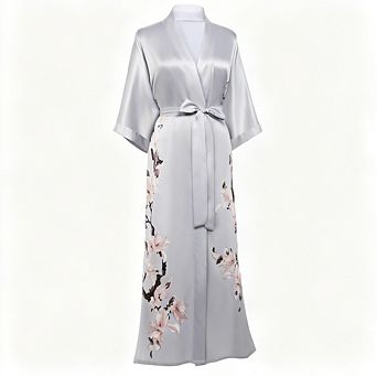 Long Floral Satin Kimono Robe Silky Bathrobe with Pockets Sash Tie for Women Daily Special Occasions
