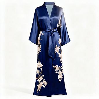 Long Floral Satin Kimono Robe Silky Bathrobe with Pockets Sash Tie for Women Daily Special Occasions