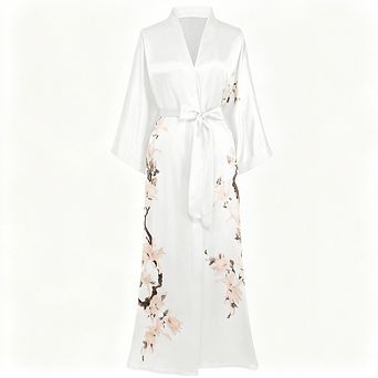 Long Floral Satin Kimono Robe Silky Bathrobe with Pockets Sash Tie for Women Daily Special Occasions