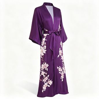 Long Floral Satin Kimono Robe Silky Bathrobe with Pockets Sash Tie for Women Daily Special Occasions