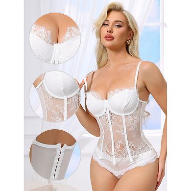 Women's Lace Bustier Corset Tops Mesh Floral Camisole Top Underwired Adjustable Spaghetti Straps