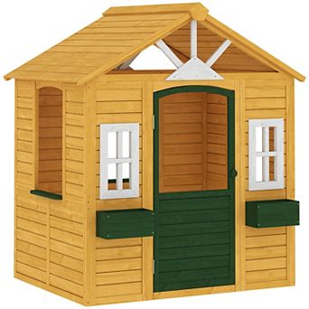 Qaba Outdoor Playhouse, Wooden Kids Playhouse with Door, 2 Flower Boxes