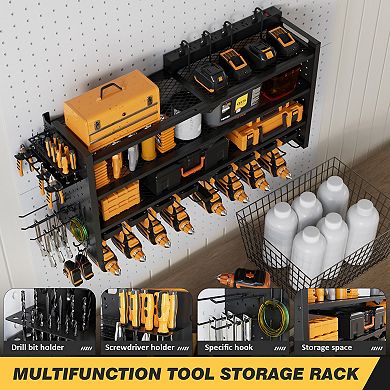 4-Layer Large Power Tool Organizer Wall Mount with Charging Station Metal Tool Storage Rack
