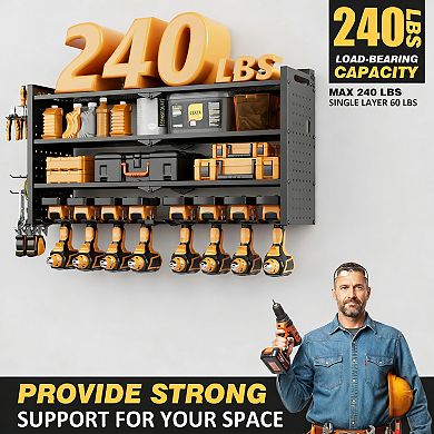 4-Layer Large Power Tool Organizer Wall Mount with Charging Station Metal Tool Storage Rack