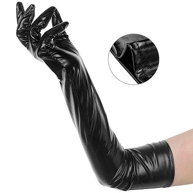 Women's Faux Leather Gloves Shiny Full Finger Opera Long Evening Warm Glove