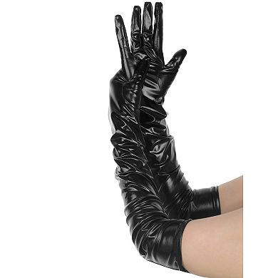 Women's Faux Leather Gloves Shiny Full Finger Opera Long Evening Warm Glove