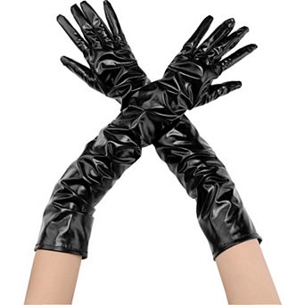 Women's Faux Leather Gloves Shiny Full Finger Opera Long Evening Warm Glove